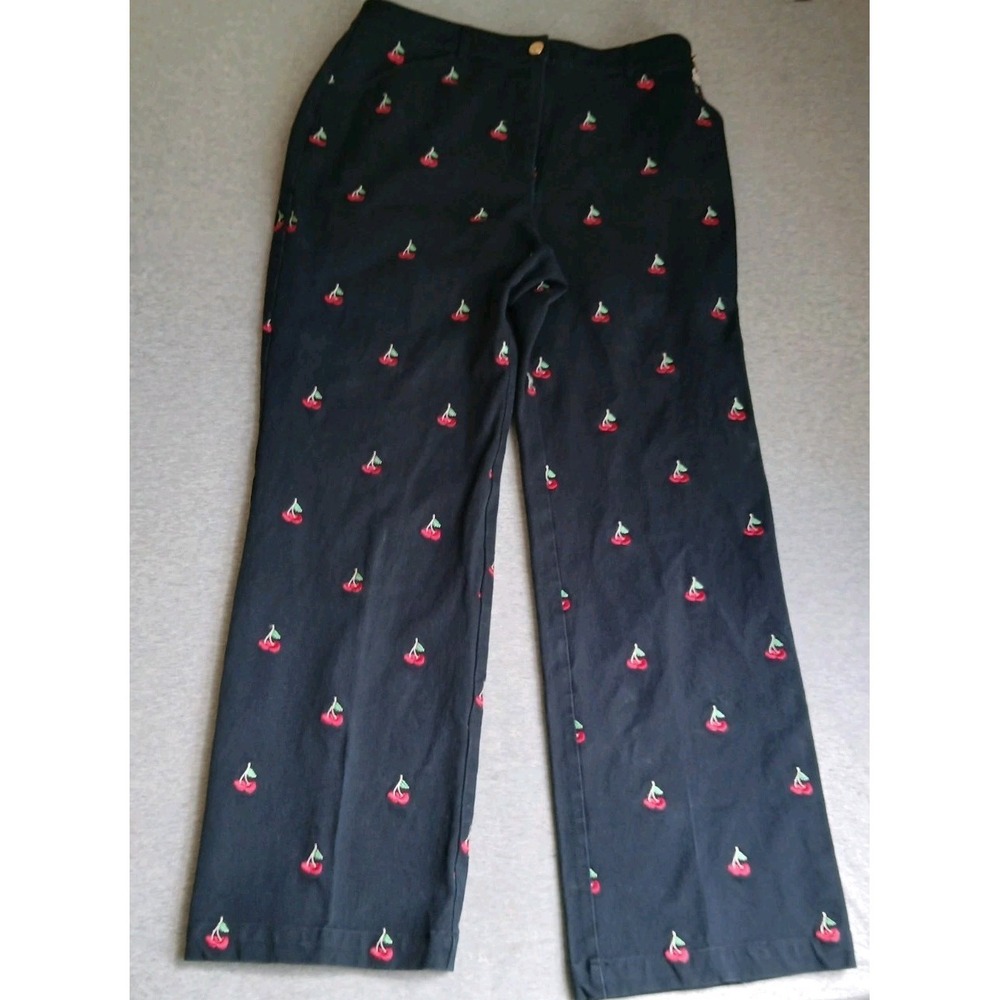 St John Pants 14 Marie Gray Twill Embroidered Cherry Boho Designer Dog Show VTG